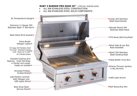 Image of Sunstone Ruby 30-Inch 3 Burner Pro-Sear Gas Grill- RUBY3B