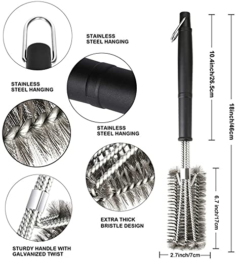 18" Grill Brush - Stainless Steel Brush w/Wire Bristles 3-in-1 Grill Cleaner
