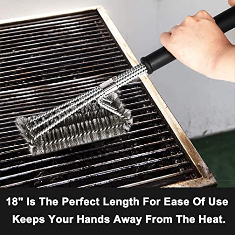 18" Grill Brush - Stainless Steel Brush w/Wire Bristles 3-in-1 Grill Cleaner