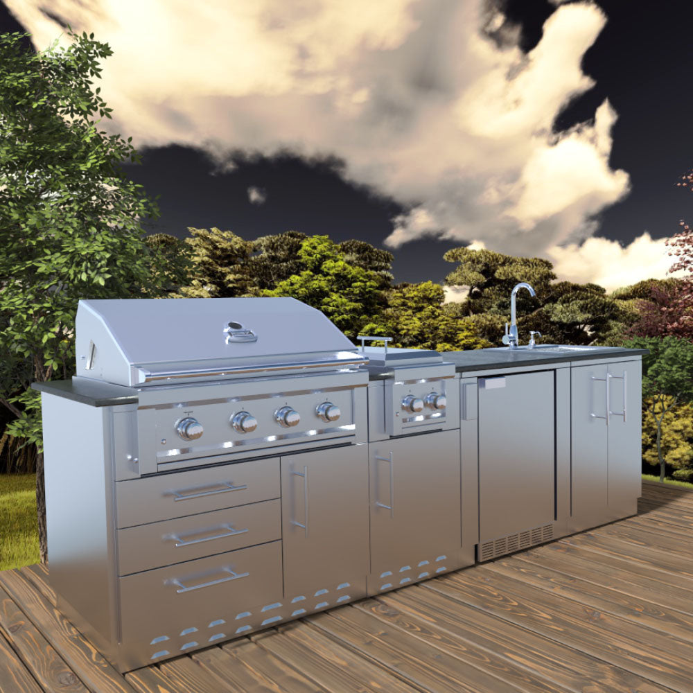 HOUSTON 9'-8" Grill/Double Burner/Bar Sink & Fridge Island Package